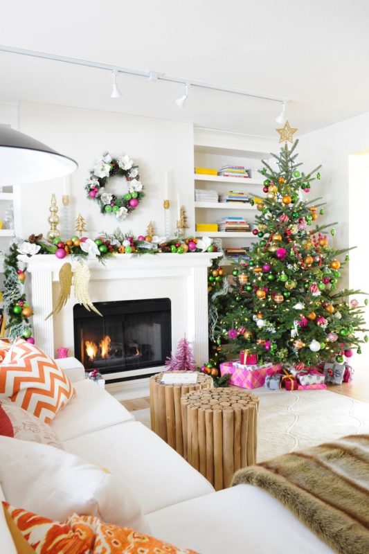 christmas-tree-decor-white-orange-festive-decorating-pink-modern-chic-glam