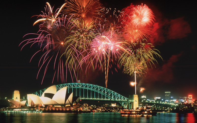 Fireworks above the Opera House and Harbour Bridge, Sydney, Australia